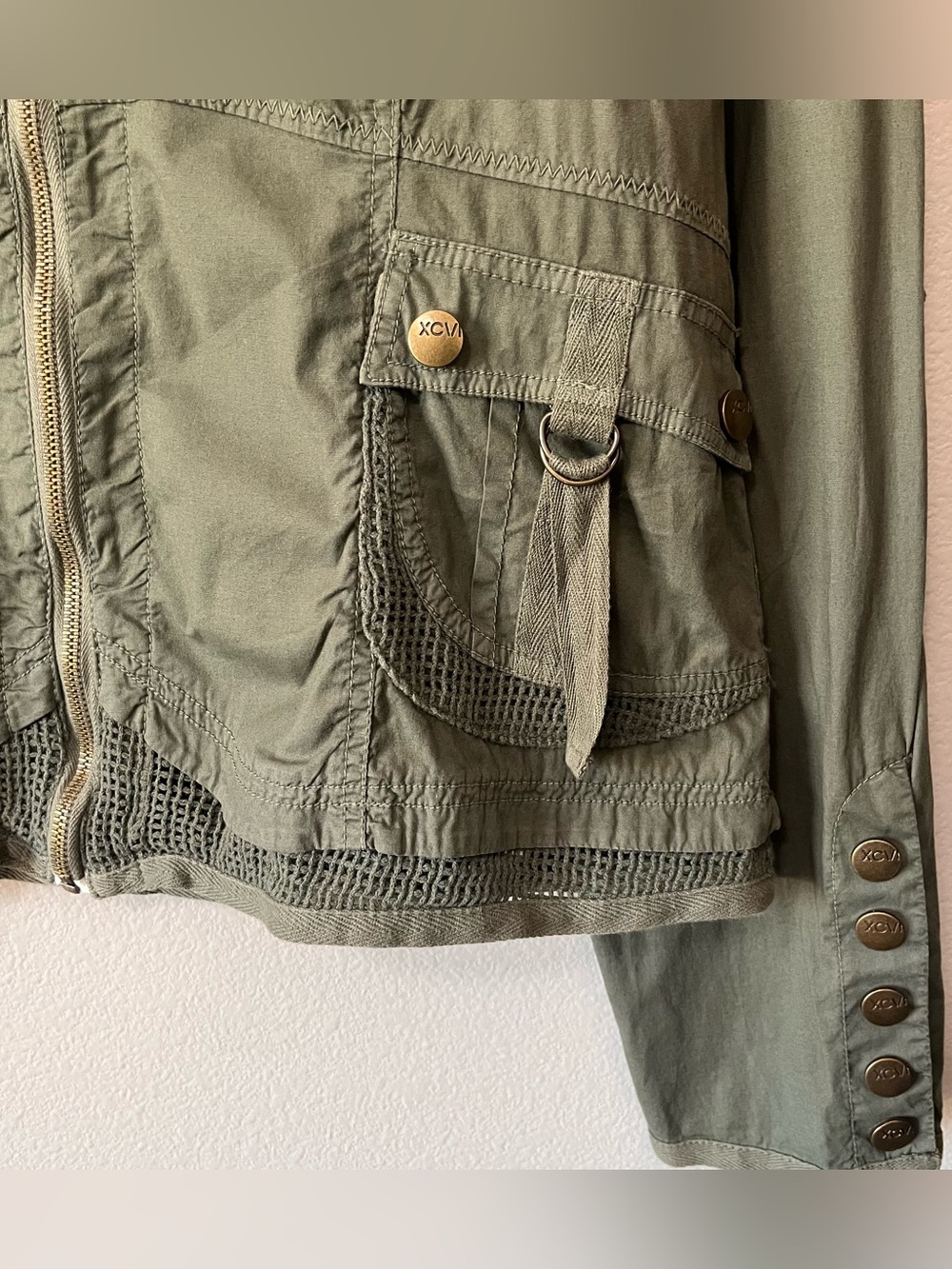 XCVI Army Green Full Zip Lightweight Utility Jacket Size XL Boho Pockets - Picture 5 of 10